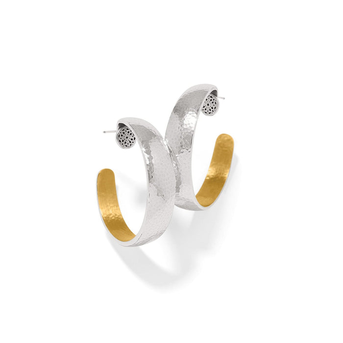 Brighton hoop earrings with hammered silver-tone exterior, gold-tone interior, and decorative filigree post accents on a white background