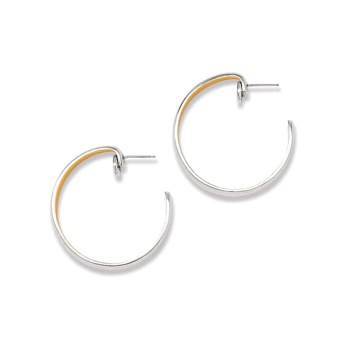 Brighton hoop earrings with two-tone silver and gold finish and post backs on a white background