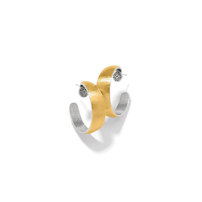 Brighton hoop earrings with two-tone hammered gold and silver finish and decorative silver posts on a white background