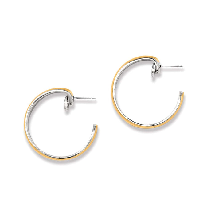 Brighton hoop earrings with two-tone silver and gold finish, shown from side view on a white background