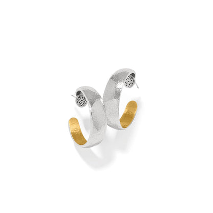 Brighton hoop earrings with hammered silver-tone exterior and gold-tone interior with filigree post accents on a white background