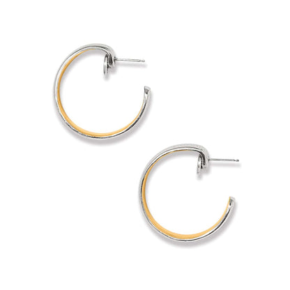 Brighton hoop earrings with two-tone silver and gold finish and post backs on a white background