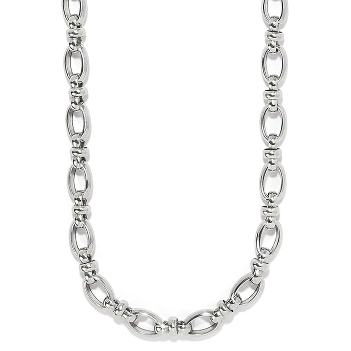 Brighton necklace with silver-plated oval link chain and small knotted connector accents on a white background