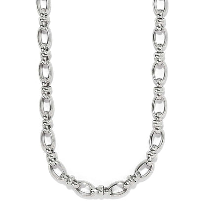 Brighton necklace with silver-plated oval link chain and small knotted connector accents on a white background