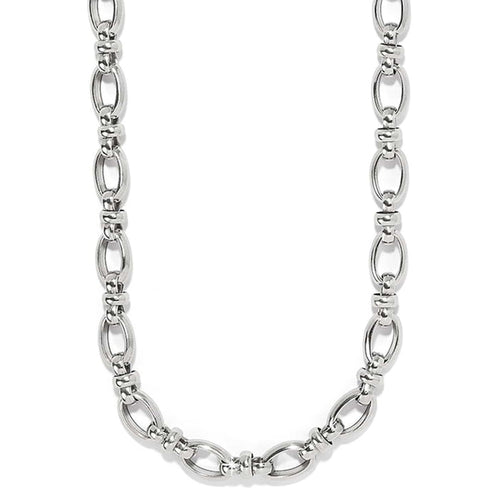 Brighton necklace with silver-plated oval link chain and small knotted connector accents on a white background