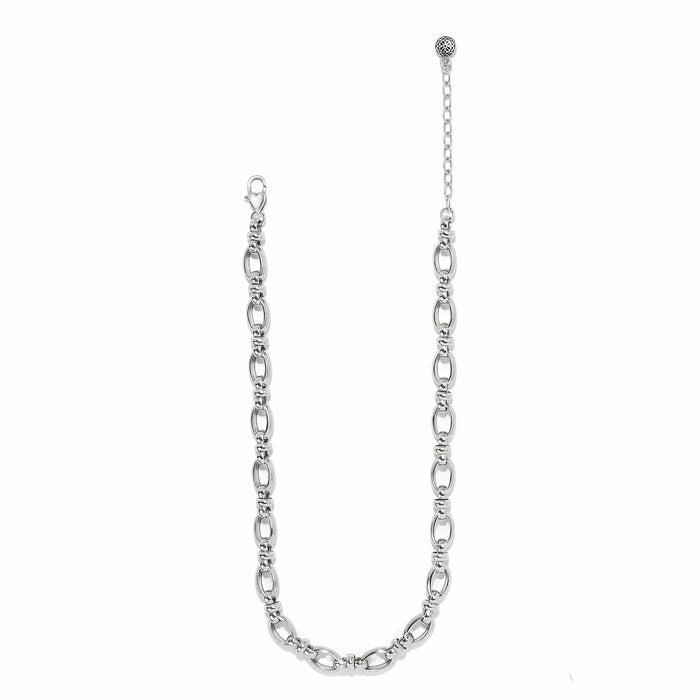 Brighton silver-plated chain necklace with oval link design, lobster clasp, and ornate filigree extender on a white background