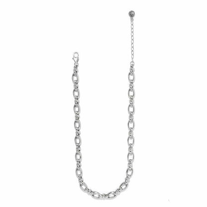 Brighton silver-plated chain necklace with oval link design, lobster clasp, and ornate filigree extender on a white background