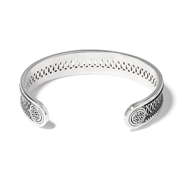 Brighton silver-plated cuff bracelet with filigree medallion ends and decorative openwork side detailing on a white background