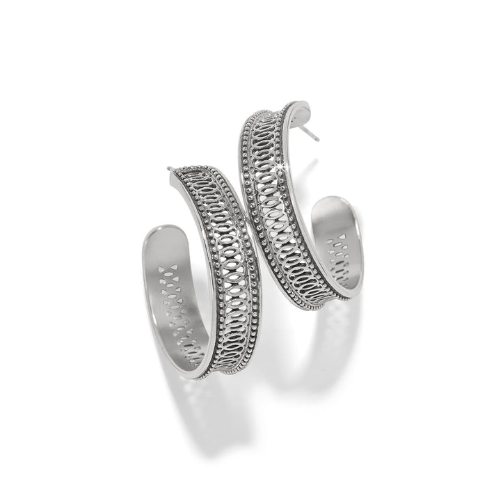 Brighton hoop earrings with silver-plated openwork filigree design and beaded edge detailing on a white background
