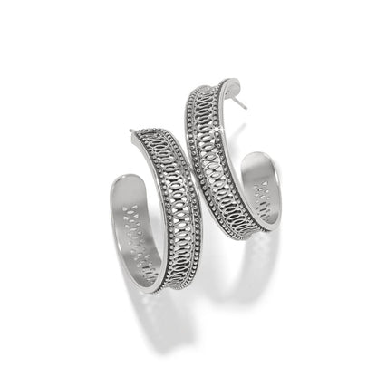 Brighton hoop earrings with silver-plated openwork filigree design and beaded edge detailing on a white background