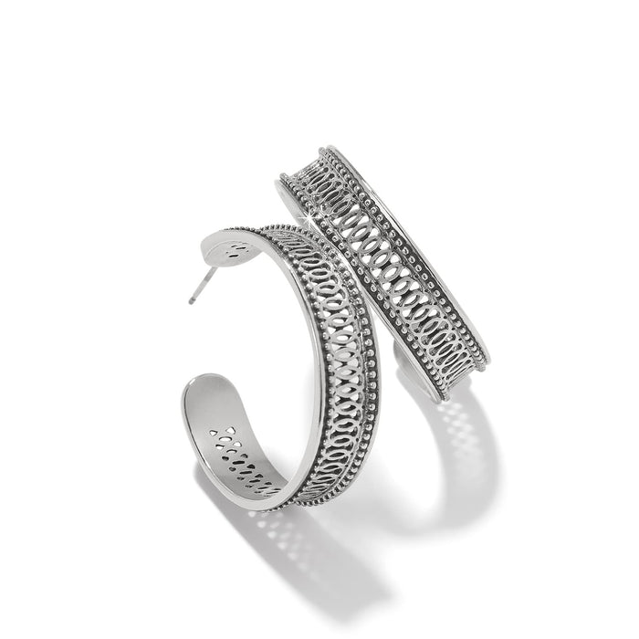 Brighton silver-plated hoop earrings with openwork oval patterns and beaded edge detailing on a white background