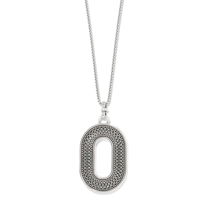 Brighton pendant necklace with silver-plated oval openwork medallion and beaded detail on box chain, on a white background