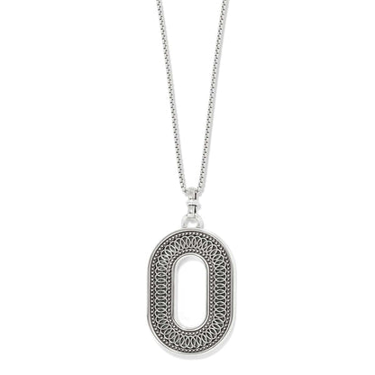 Brighton pendant necklace with silver-plated oval openwork medallion and beaded detail on box chain, on a white background