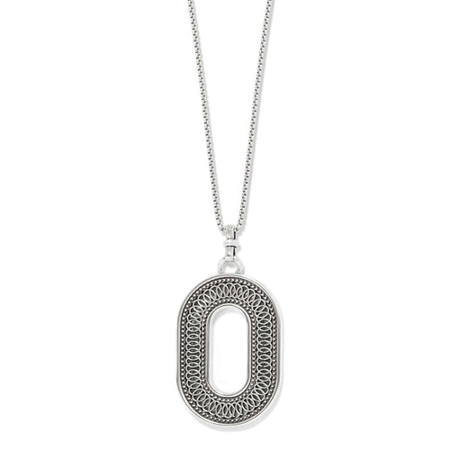 Brighton pendant necklace with silver-plated oval openwork medallion and beaded detail on box chain, on a white background