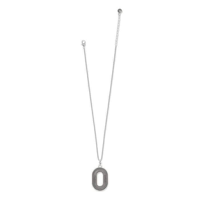 Brighton pendant necklace with silver-plated oval filigree pendant and thin chain with lobster clasp on a white background