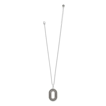 Brighton pendant necklace with silver-plated oval filigree pendant and thin chain with lobster clasp on a white background