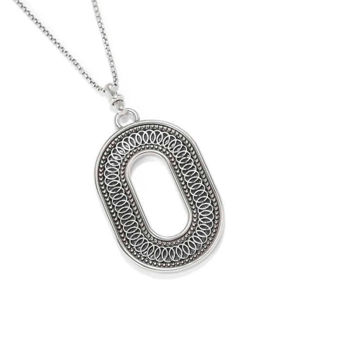Brighton pendant necklace with silver-plated oval openwork design featuring beaded and looped wire detailing on a white background