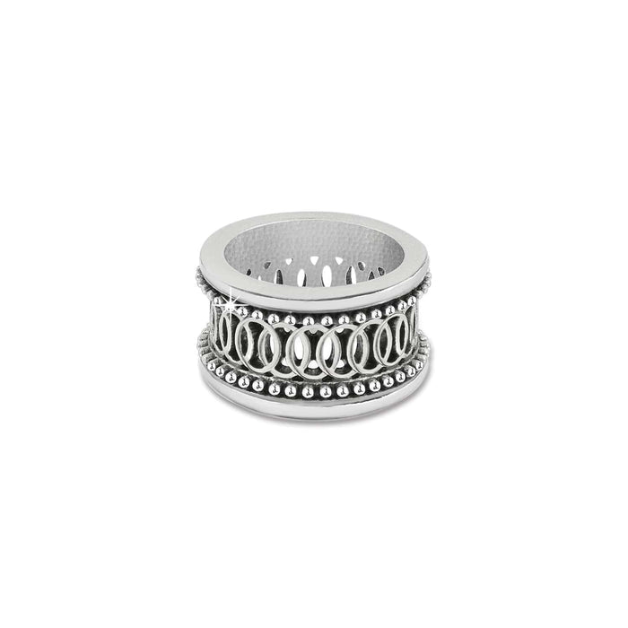 Brighton wide band ring with silver-plated beaded edges and openwork circle design on a white background