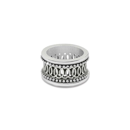 Brighton wide band ring with silver-plated beaded edges and openwork circle design on a white background