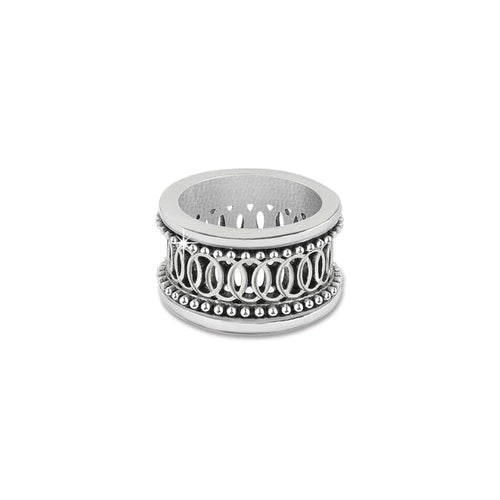 Brighton wide band ring with silver-plated beaded edges and openwork circle design on a white background