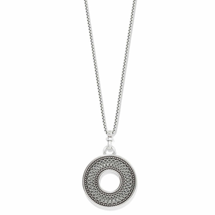 Brighton pendant necklace with silver-plated circular openwork medallion and beaded detail on a white background