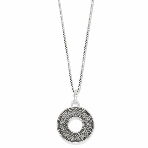 Brighton pendant necklace with silver-plated circular openwork medallion and beaded detail on a white background