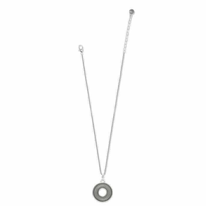 Brighton pendant necklace with silver-plated openwork circle medallion and slim box chain on a white background