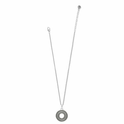 Brighton pendant necklace with silver-plated openwork circle medallion and slim box chain on a white background