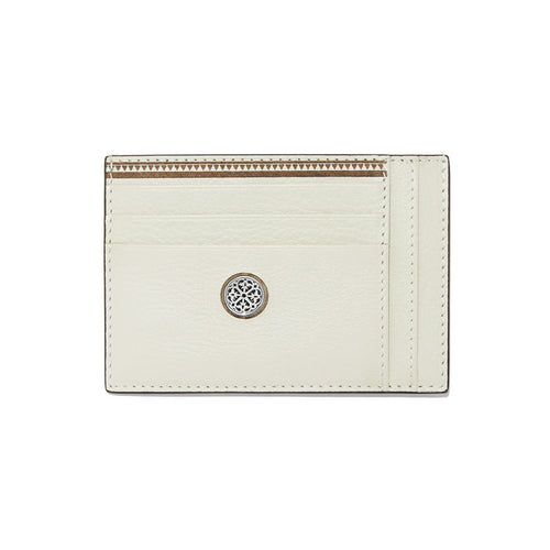 Brighton card case in cream pebbled leather with silver-tone medallion accent and multiple card slots on a white background