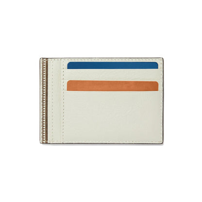 Brighton card wallet in cream leather with blue and orange card slots and striped side detail on a white background