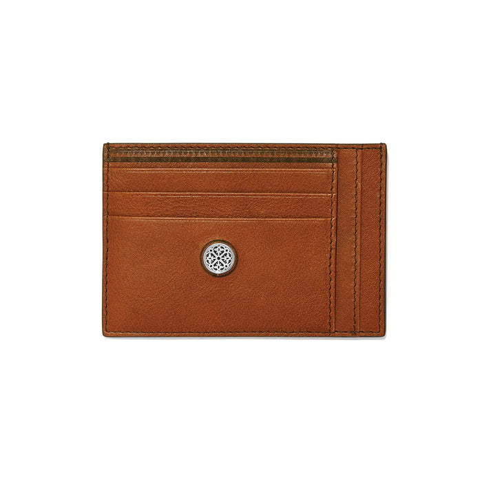 Brighton tan leather card case with multiple card slots and silver-tone medallion emblem on a white background