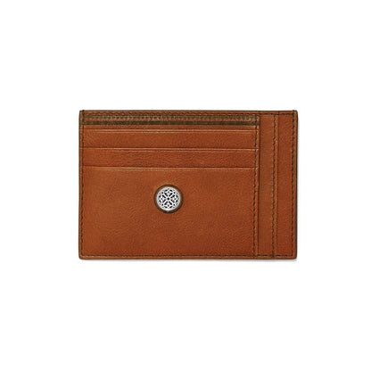 Brighton tan leather card case with multiple card slots and silver-tone medallion emblem on a white background