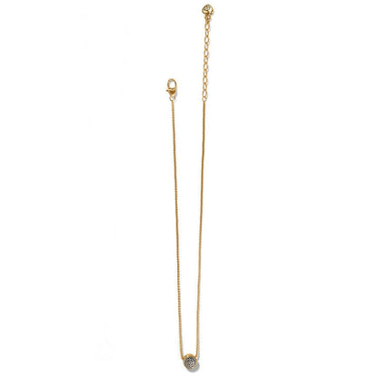 Ferrara Two Tone Luce Mini Pendant Necklace with an adjustable chain and a round pendant featuring a decorative motif lies against a white background.