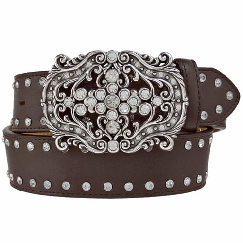 Brighton brown leather belt with ornate scrollwork buckle featuring crystals and studded strap detailing on a white background