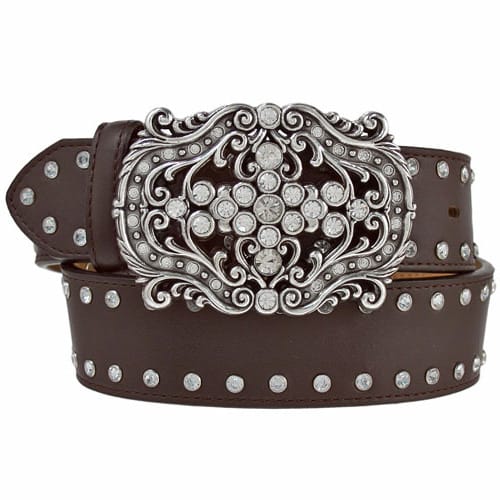 Brighton brown leather belt with ornate silver-tone crystal buckle and studded detailing along the strap on a white background