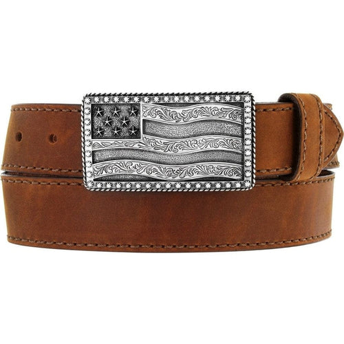 Brighton leather belt in brown with silver-tone American flag buckle and decorative scrollwork on a white background