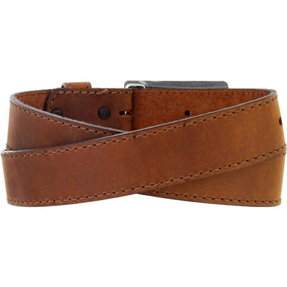 Brighton brown leather belt coiled with stitched edges and silver-tone buckle on a white background