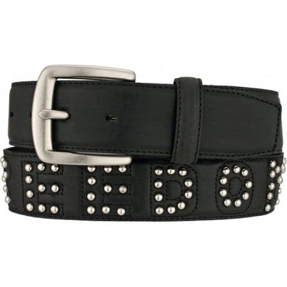 Brighton black leather belt with silver-tone buckle and studded lettering detail along the strap on a white background