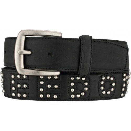 Brighton black leather belt with silver-tone studded letter details and rectangular buckle on a white background