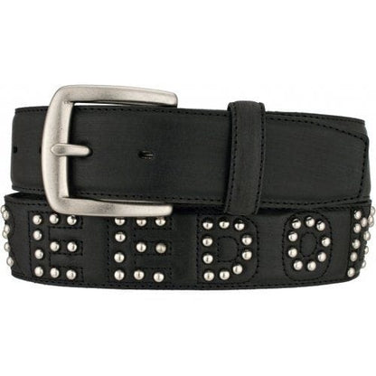 Brighton black leather belt with silver-tone studded letter details and rectangular buckle on a white background