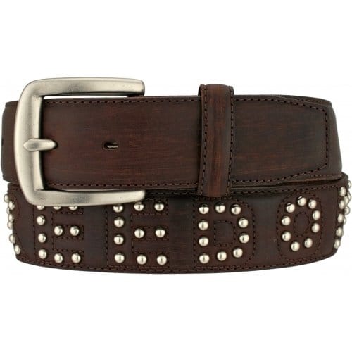 Brighton brown leather belt with silver-tone studded lettering and square buckle on a white background