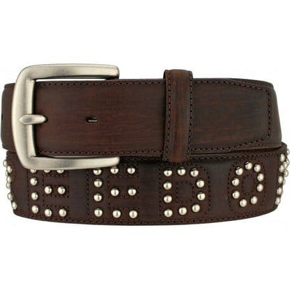 Brighton brown leather belt with silver-tone studded lettering and square buckle on a white background