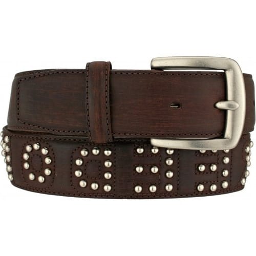 Brighton brown leather belt with silver-tone studded lettering and large rectangular buckle on a white background
