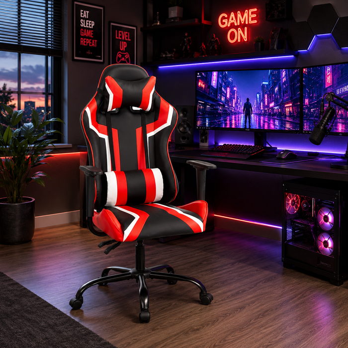 Gaming Chair with Premium Leatherette, Soft Seating Seat, and Adjustable Head Pillow for Comfort