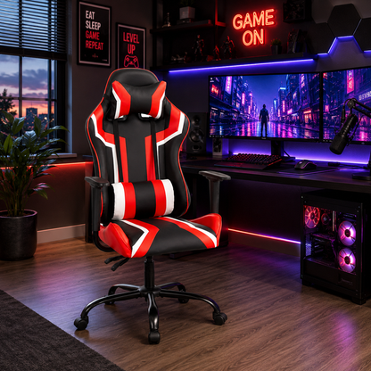 Gaming Chair with Premium Leatherette, Soft Seating Seat, and Adjustable Head Pillow for Comfort