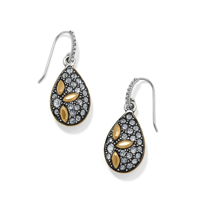Brighton teardrop earrings with crystal pavé, gold-plated leaf accents, and crystal-set silver-tone hooks on a white background