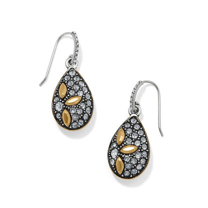 Brighton teardrop earrings with crystal pavé, gold-plated leaf accents, and crystal-set silver-tone hooks on a white background