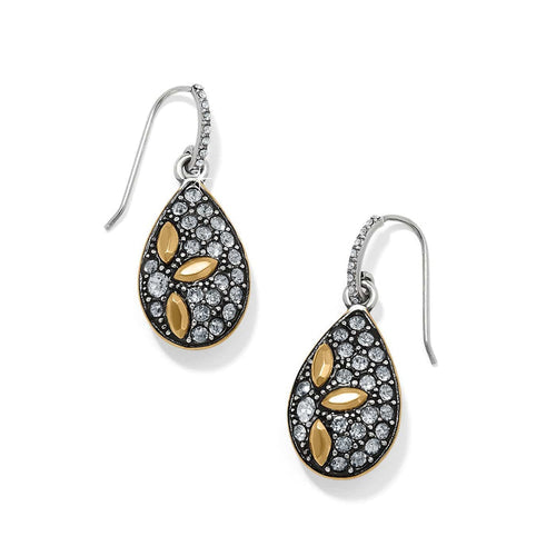 Brighton teardrop earrings with crystal pavé, gold-plated leaf accents, and crystal-set silver-tone hooks on a white background