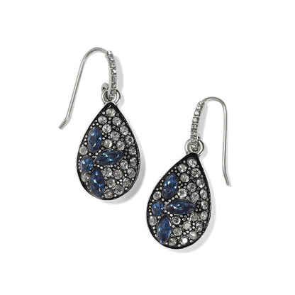 Brighton teardrop earrings with blue and clear crystals in silver-tone setting on French wires on a white background