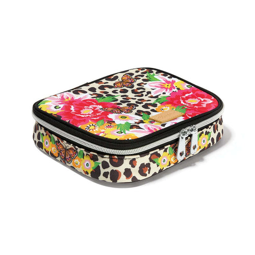Brighton zippered case with leopard print and floral butterfly design featuring silver-tone double zippers on a white background